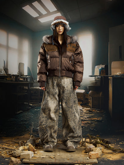 Patchwork Fur Collar Cropped Hooded Short Puffer Jacket WN22757