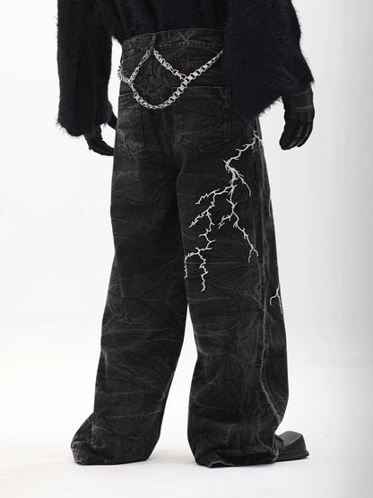 Lightning Embroidery Wide Leg Denim Jeans WN18727