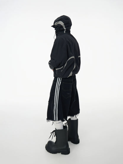 Washed Damage Fringe Wide Leg Three-Stripe Half Denim Jeans WN16960