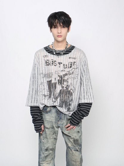 Fake Layered  Stripe Graphic Print Long Sleeve T-Shirt WN24465