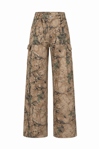 Camouflage Tree Print Cargo Pocket Wide Leg Denim Jeans WN28031