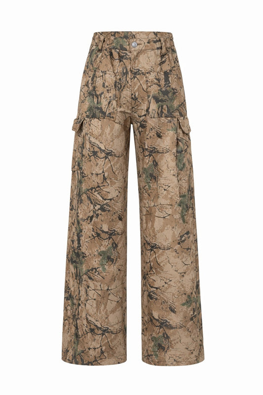 Camouflage Tree Print Cargo Pocket Wide Leg Denim Jeans WN28031