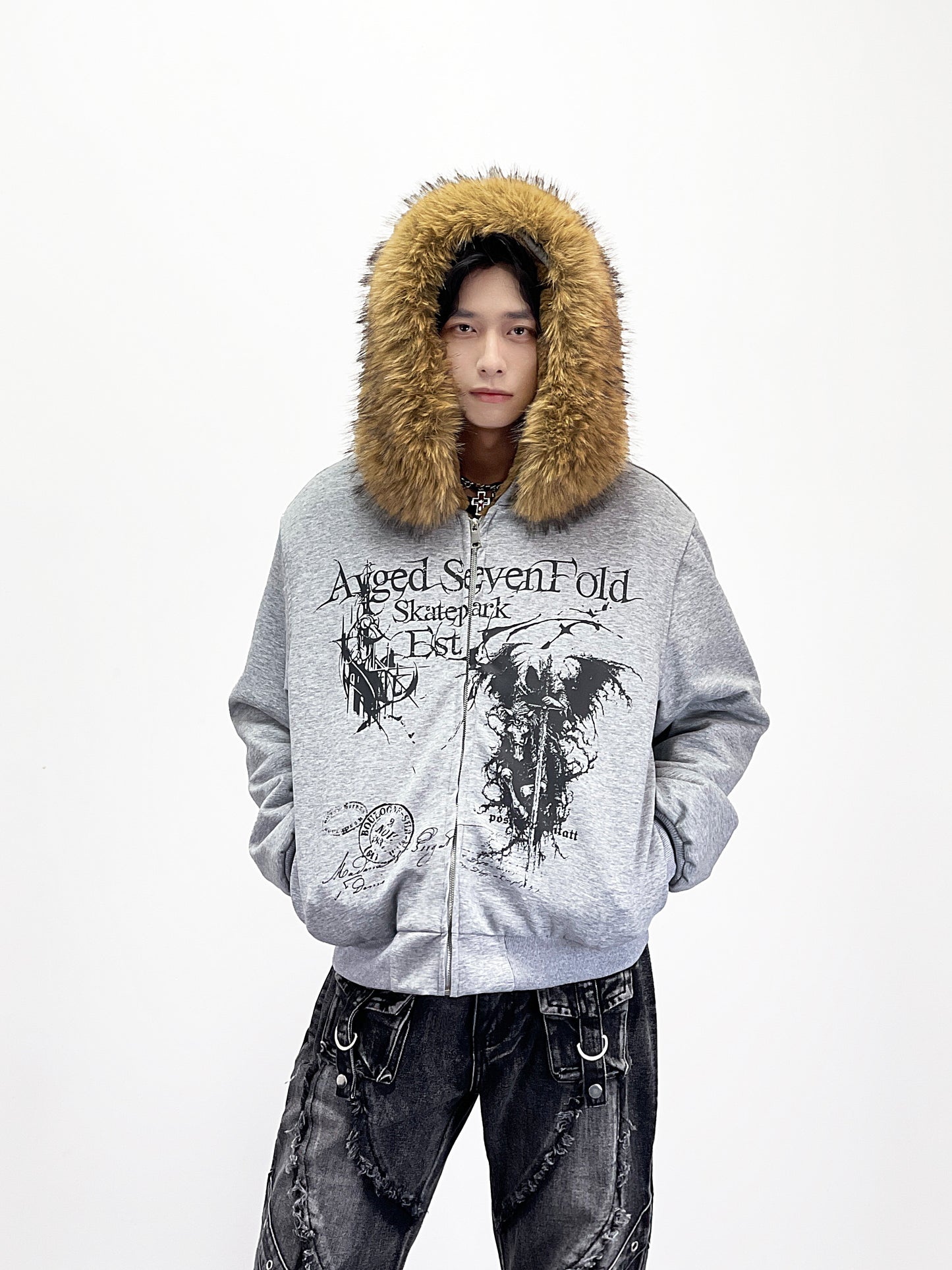 Detachable Fake Fur Collar Zipper Hooded Jacket WN24269
