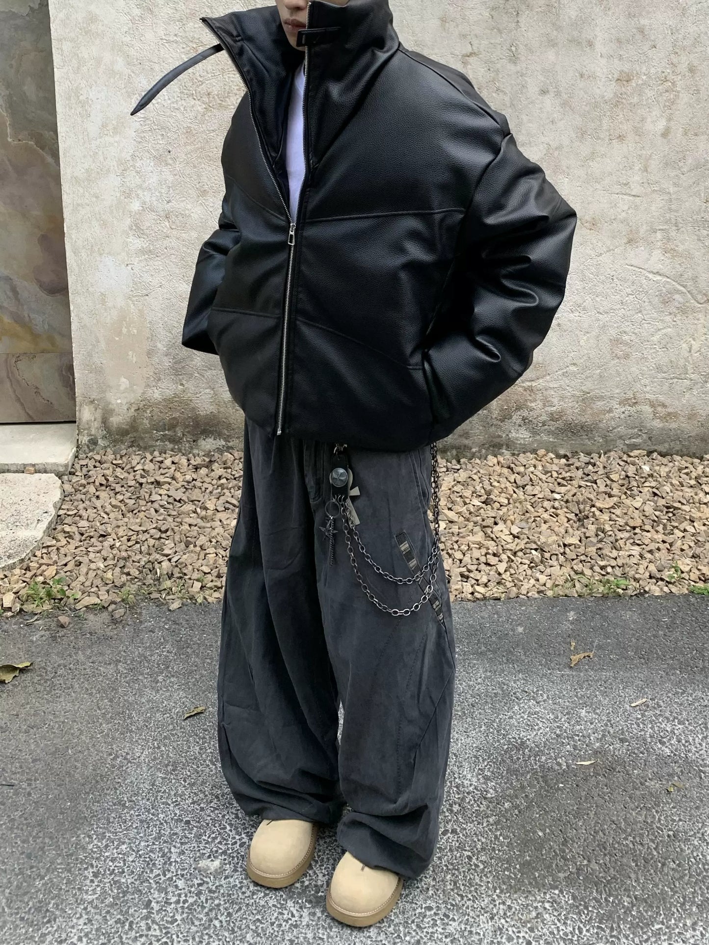 Stand Neck Short Thick PU Leather Puffer Jacket WN22233