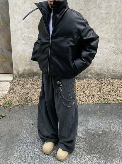 Stand Neck Short Thick PU Leather Puffer Jacket WN22233