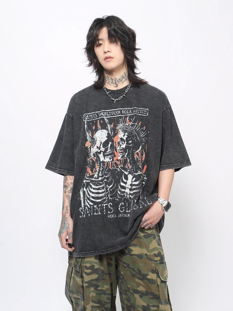 Skull Print Washed Oversize Short Sleeve T-Shirt WN24419 – WONDER NOAH