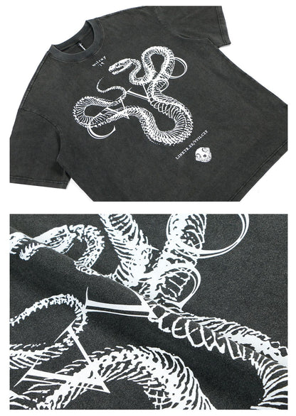 Washed Snake Skeleton Graphic Oversize Short Sleeve T-Shirt WN26408