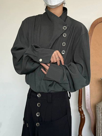 Standing-Collar Irregular Neckline Elegant Long Sleeve Shirt WN19983