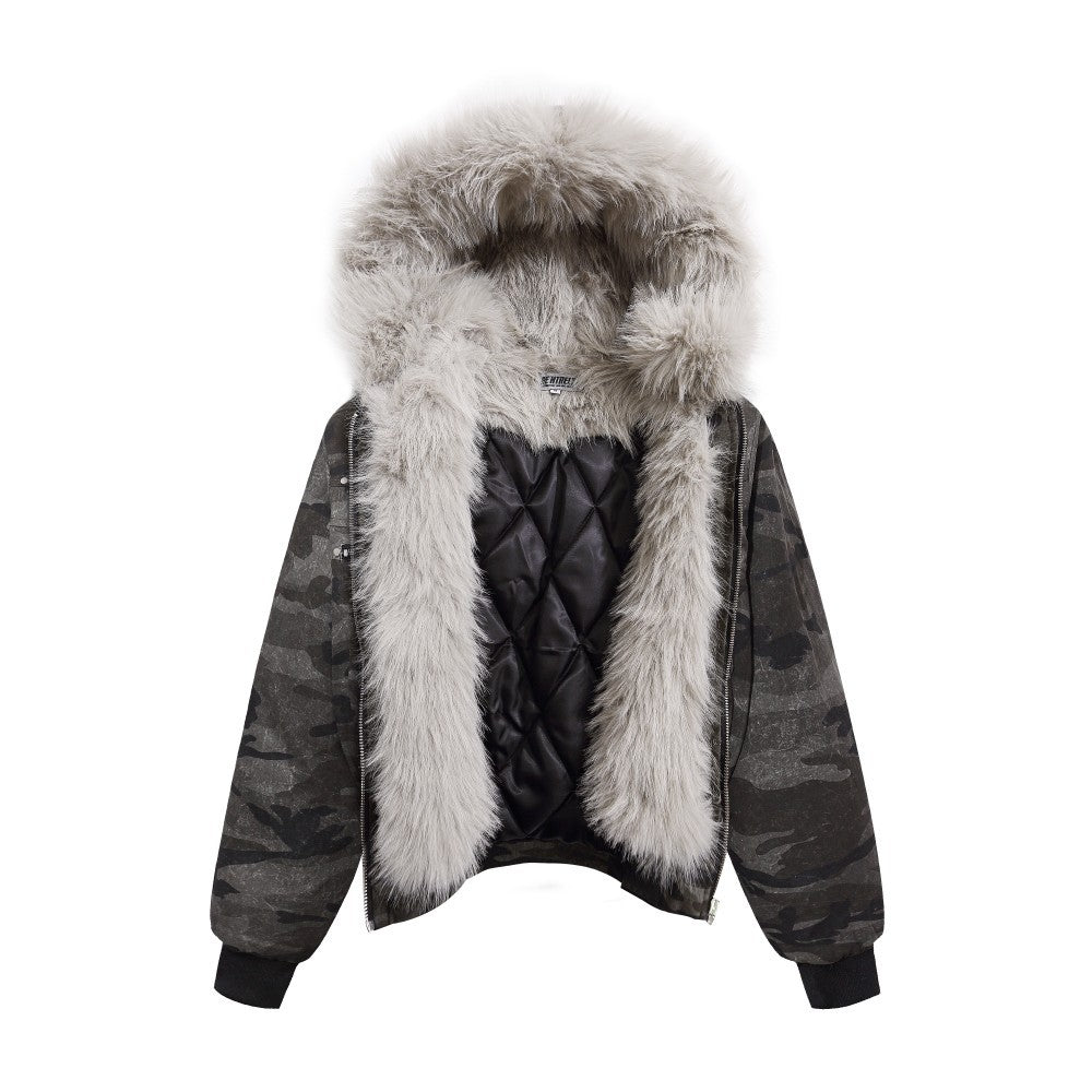 Camouflage Fake Fur Collar Multi-Zipper Short Puffer Jacket WN27891