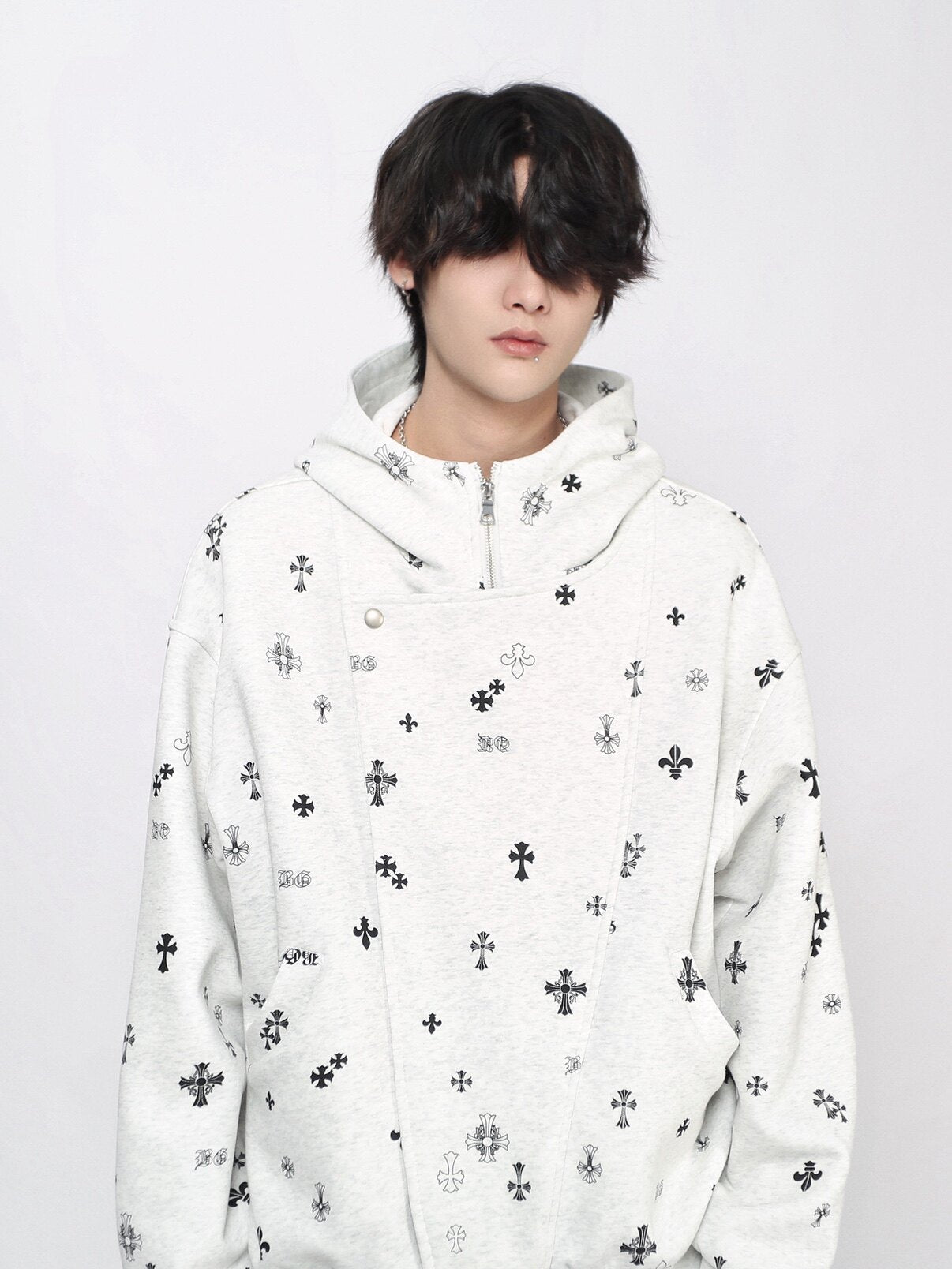 Cross Print Oversize Zipper Hoodie WN24440