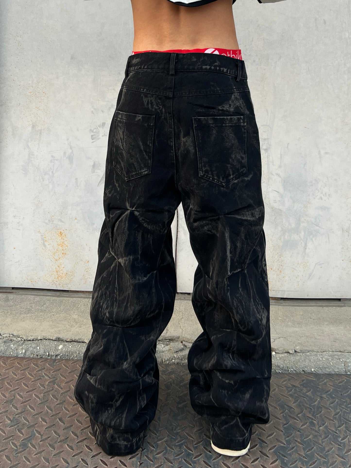 Wrinkle Texture Washed Wide Leg Denim Jeans WN24126