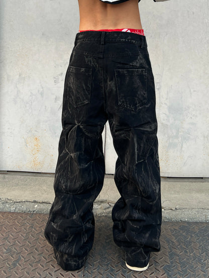 Wrinkle Texture Washed Wide Leg Denim Jeans WN24126