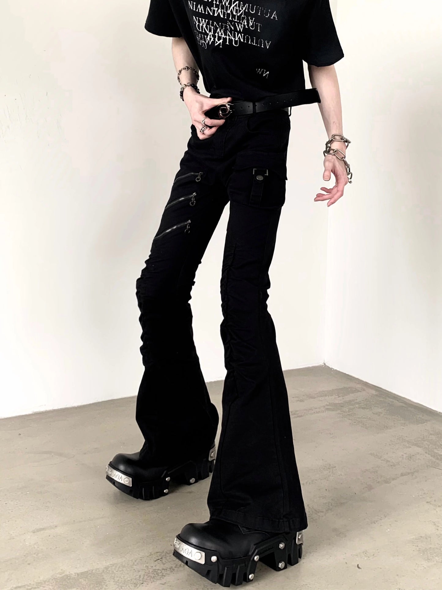 Zipper Design Flare Cargo Denim Jeans WN20348