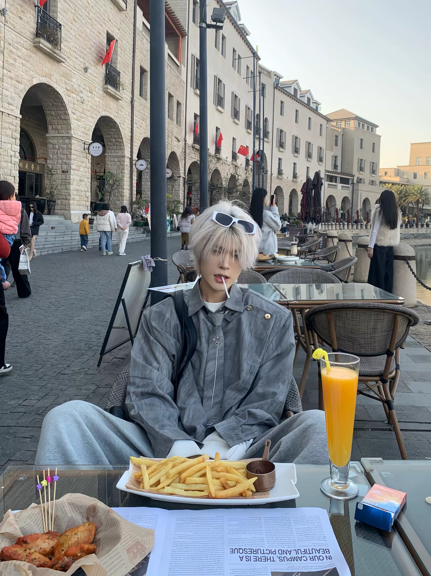 Asymmetrical Button Metal Necktie Long Sleeve Shirt WN19808