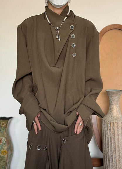 Standing-Collar Irregular Neckline Elegant Long Sleeve Shirt WN19983