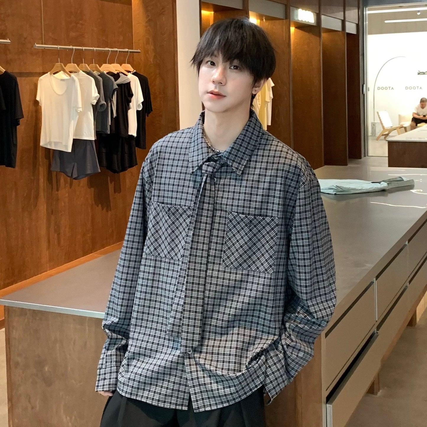Detachable Tie Plaid Long Sleeve Shirt WN25374