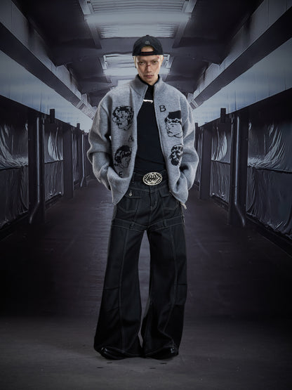 Portrait Print High-Neck Zipper Oversize Knit Cardigan WN22894