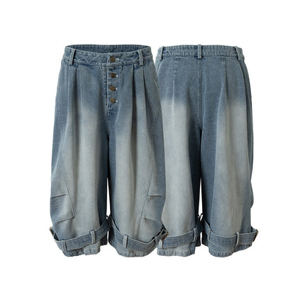 Lace-Up Washed Wide Leg Denim Short Pants WN25611