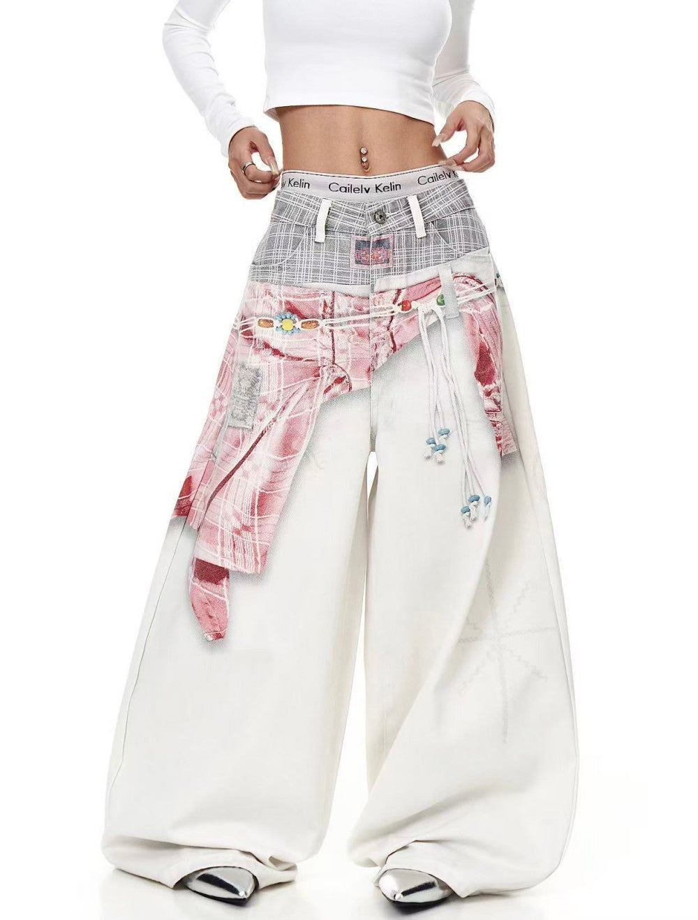 Plaid Deconstructed Drawstring Wide Leg Denim Jeans WN28043