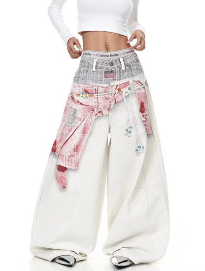 Plaid Deconstructed Drawstring Wide Leg Denim Jeans WN28043