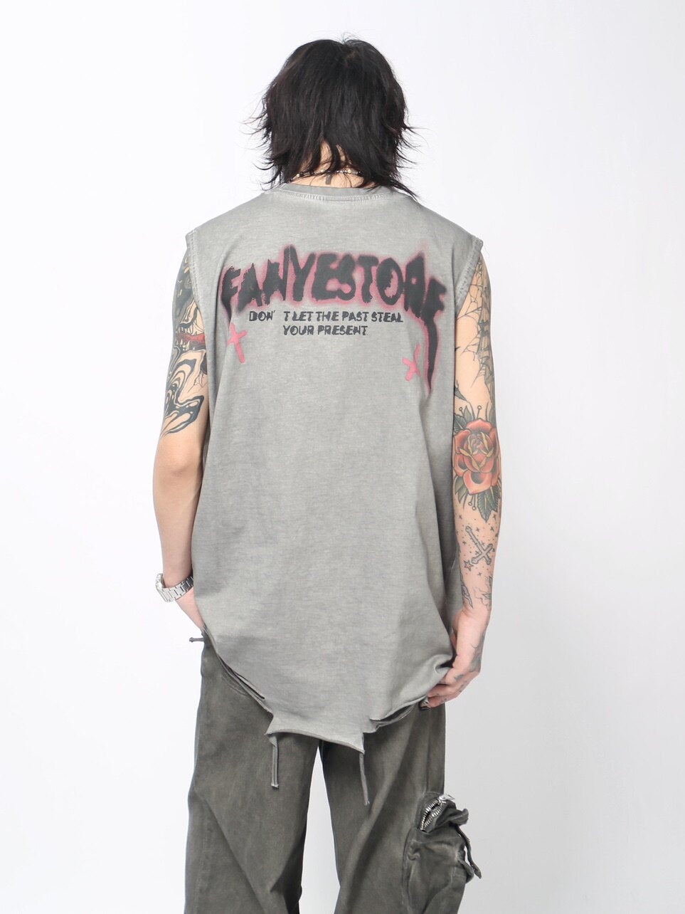 Cross Graphic Print Damage Drawstring Sleeveless T-Shirt WN24490