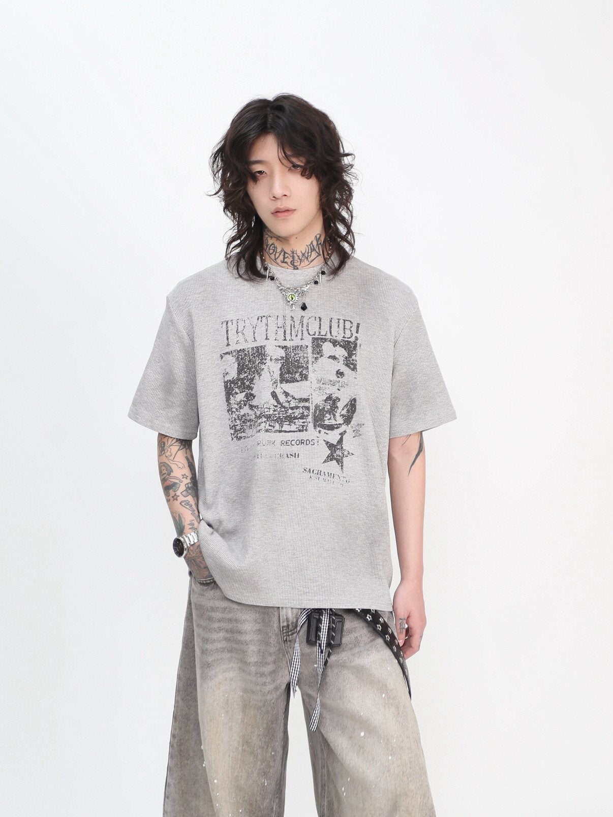 Oversize Waffle Vintage Rock Graphic Print Short SleeveT-Shirt WN24447