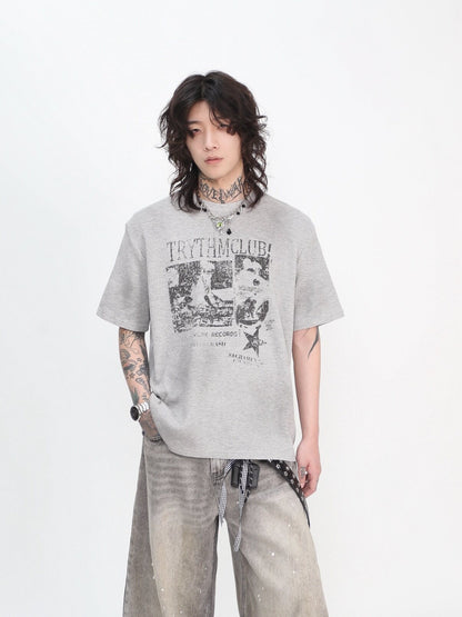 Oversize Waffle Vintage Rock Graphic Print Short SleeveT-Shirt WN24447