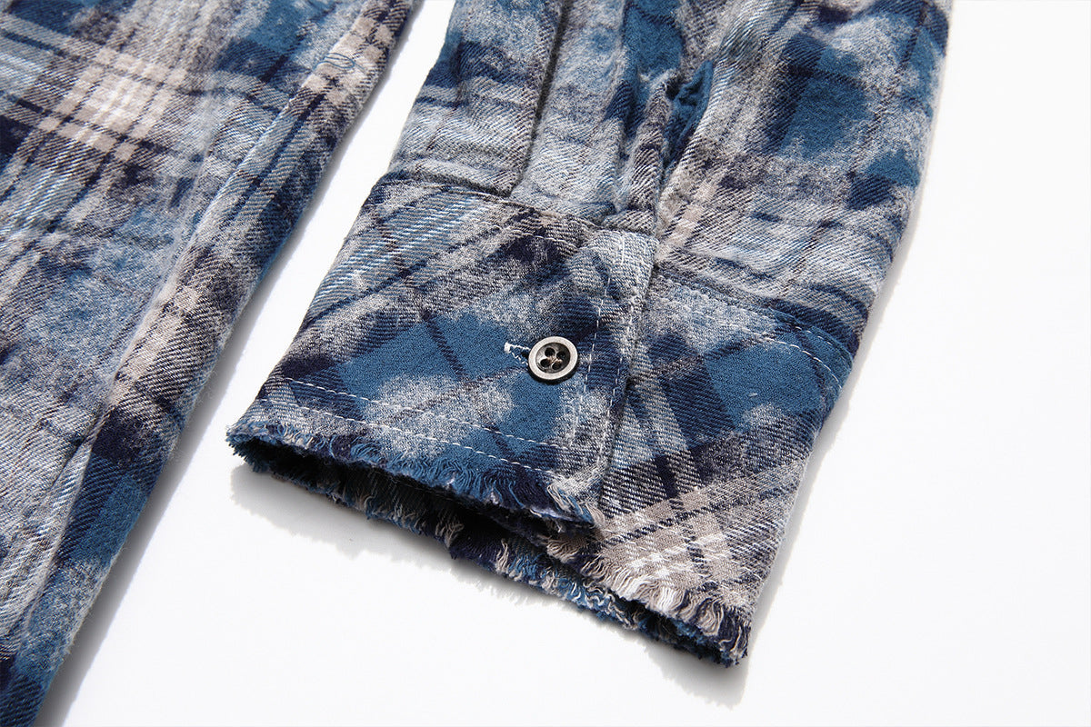 Plaid Washed Fringe Long Sleeve Shirt WN25379