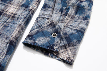 Plaid Washed Fringe Long Sleeve Shirt WN25379