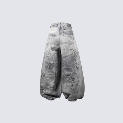 Print Graffiti Wide Leg Denim Jeans WN27844