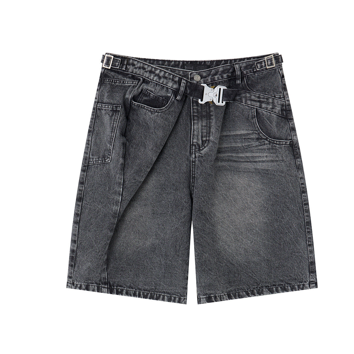 Washed Whisker Metal Buckle Denim Half Pants WN25513