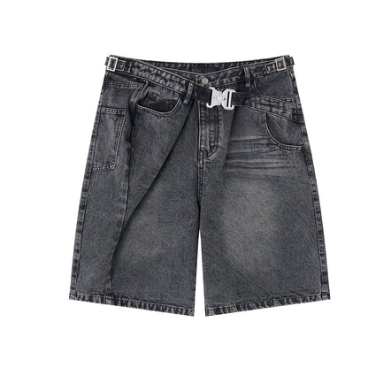 Washed Whisker Metal Buckle Denim Half Pants WN25513