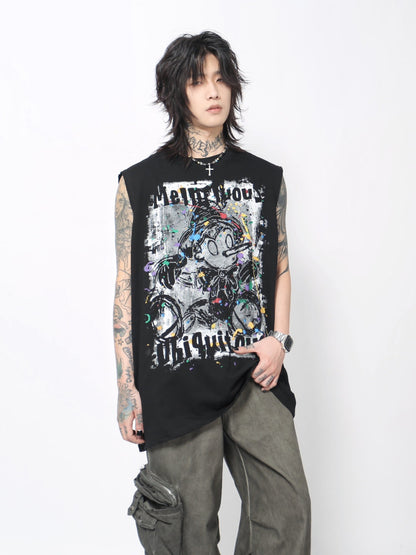 Graffiti Cartoon Graphic Print Oversize Sleeveless T-Shirt WN24435