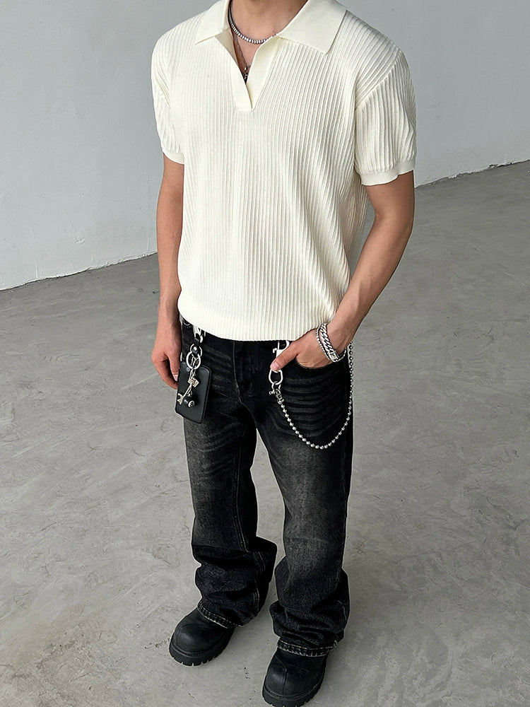 Striped Textured Summer Knit Short Sleeve Polo Shirt WN19570