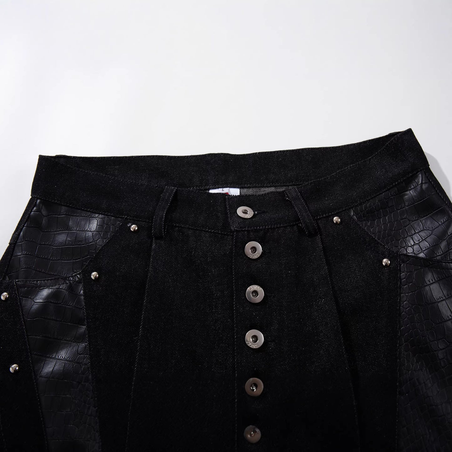 Studs PU Leather Panel Wide Leg Denim Jeans WN25799