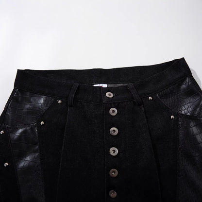 Studs PU Leather Panel Wide Leg Denim Jeans WN25799