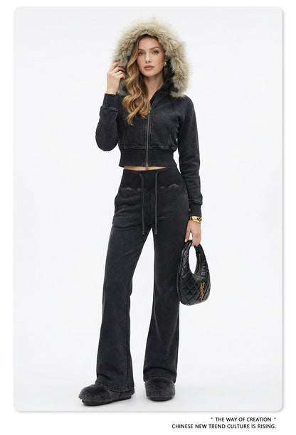 Fake Fur Lining Zip-Up Cropped Zipper Hoodie WN23115