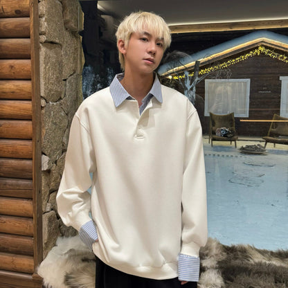 Fake Layered Striped Shirt-Collar Fleece Lining Oversize Long Sleeve T-Shirt WN25251