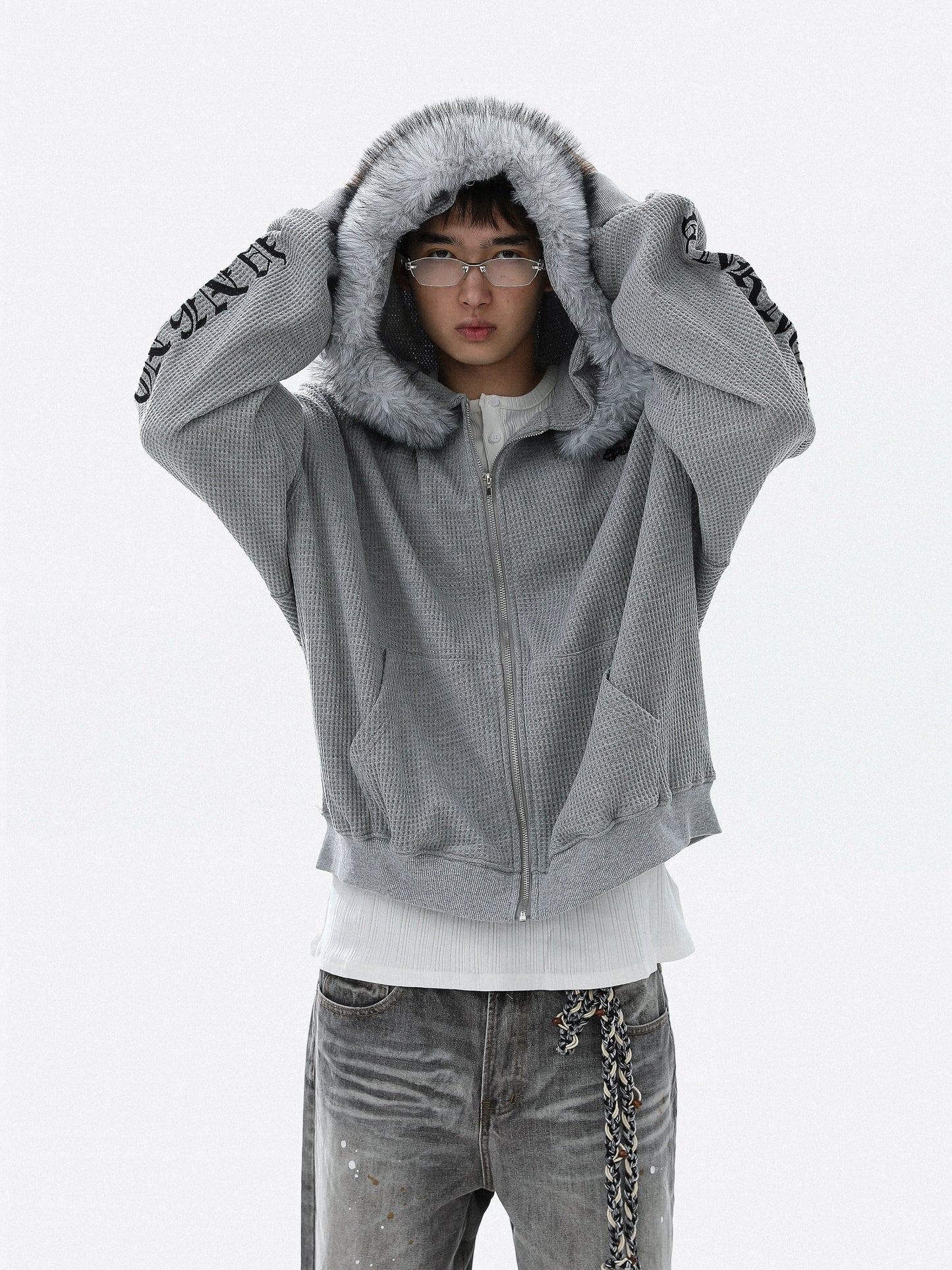 Embroidery Fake Fur-Collar Thick Zipper Hoodie WN22104