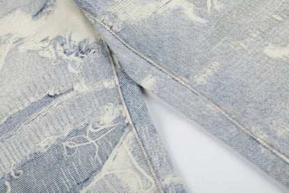 3D Print Damage Washed Wide Leg Denim Jeans WN27953