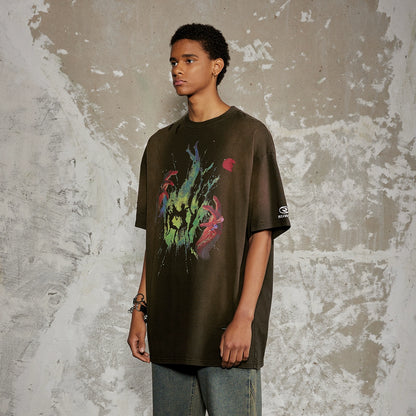 Flame Pattern Dirty Wash Damage Oversize Short Sleeve T-Shirt WN17989