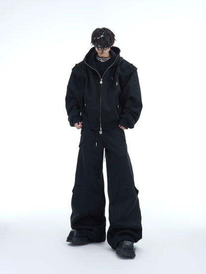 Heavyweight Short Zipper Hoodie & Wide-leg Cargo Sweatpants Setup WN10885-K