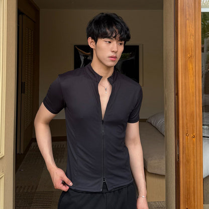 Zipper Collarless Short Sleeve T-Shirt WN24889
