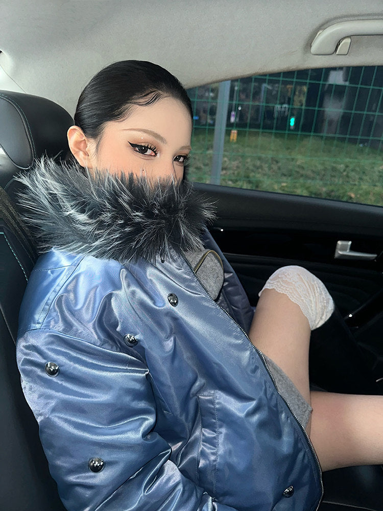 Cropped Detachable Fake Fur Collar Nylon Puffer Jacket WN27088