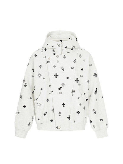 Deconstructed Patchwork Double Placket Print Zipper Hoodie WN24202