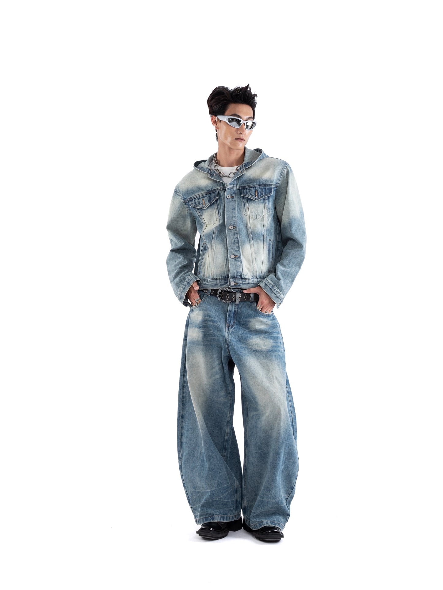 Washed Hooded Denim Jacket & Wide Leg Denim Jeans Setup WN20652