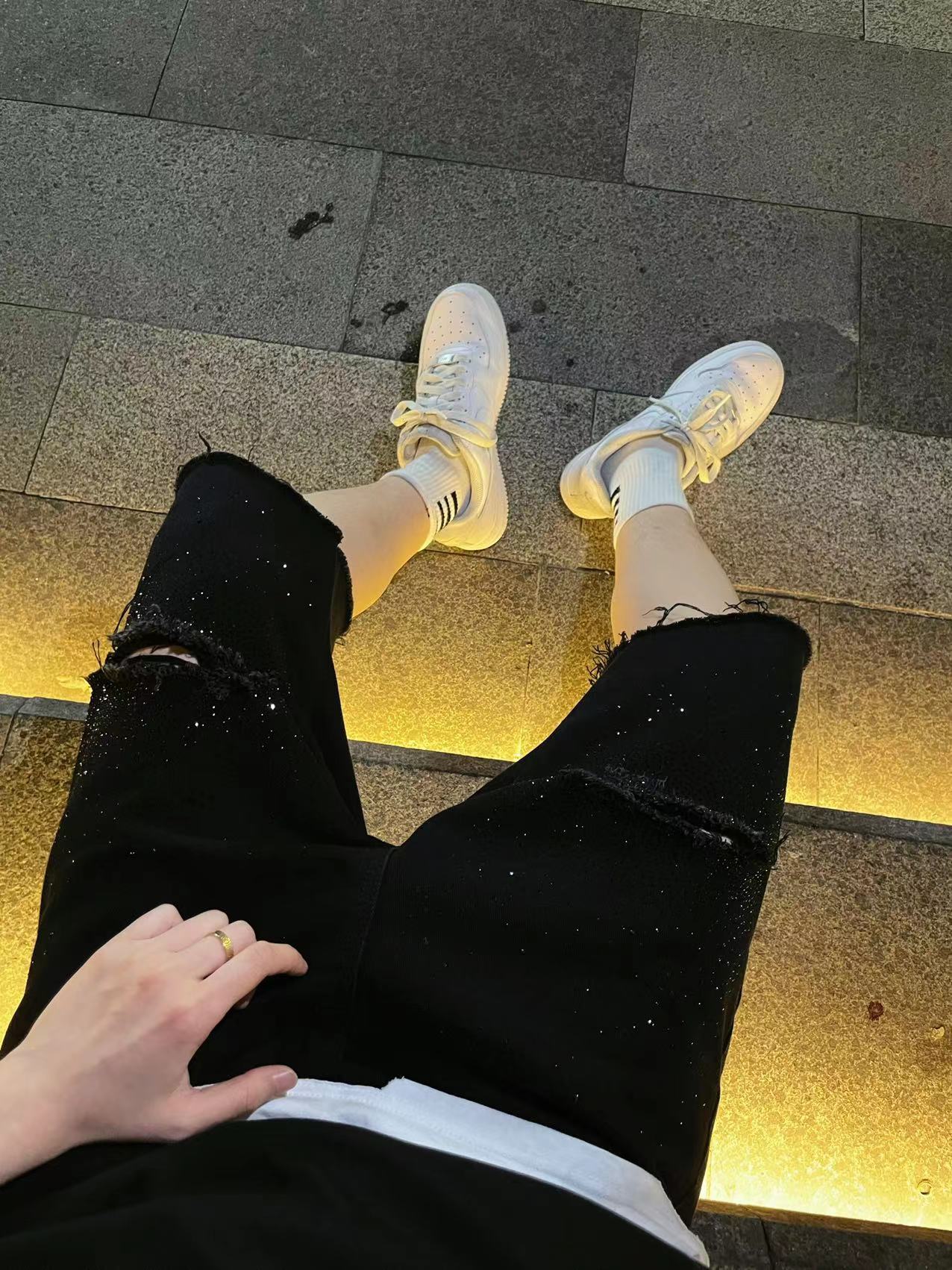 Rhinestone Damage Denim Half Jeans WN20699