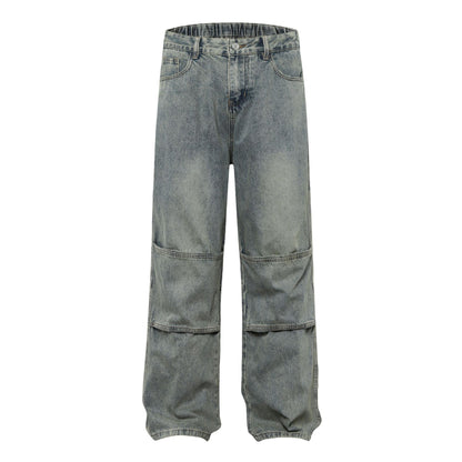 Washed Pleats Patchwork Wide Leg Denim Jeans WN26071