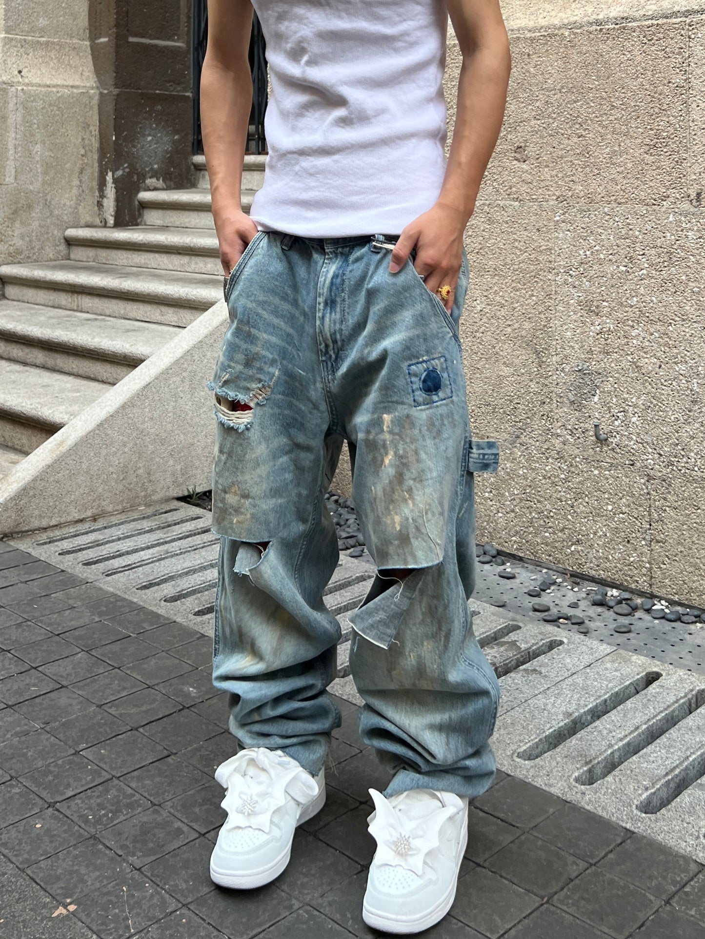 Washed Damage Patch Wide Leg Denim Jeans WN24044