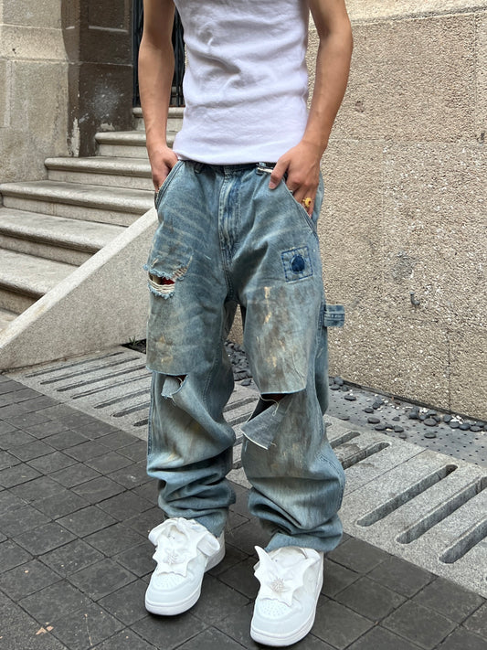 Washed Damage Patch Wide Leg Denim Jeans WN24044